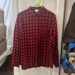 J Jill Women's Long Sleeve‎ Button Up Red Black Buffalo Plaid Shirt Size Large